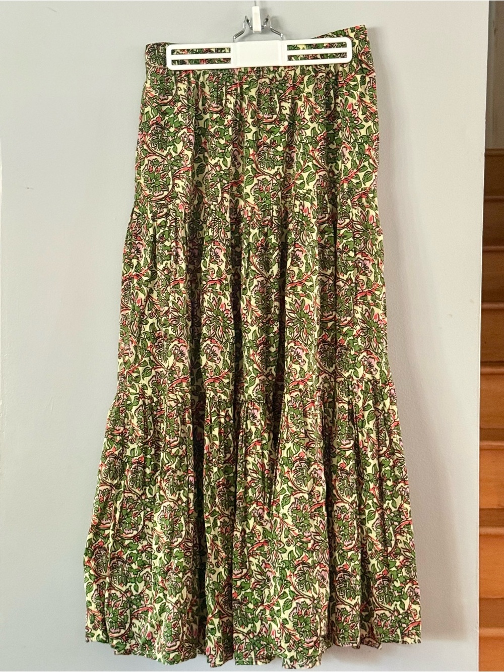 ZARA Tiered Floral Block-Print Cotton Maxi Skirt Boho Green Pink S M